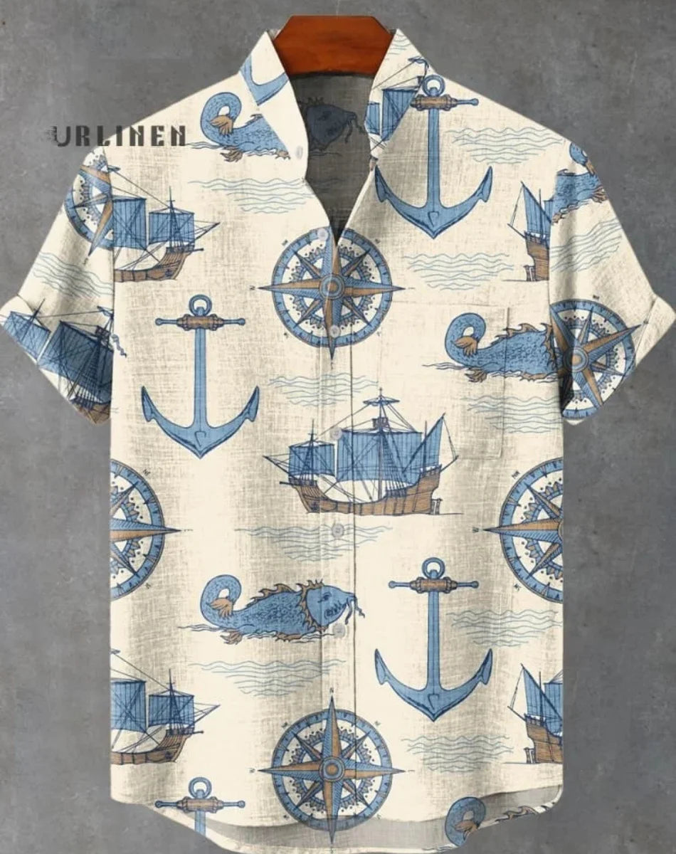 Hawaiian men's linen shirt abstract patchwork pattern art print shirt beach vacation daily travel men's clothing fast delivery GlowCart