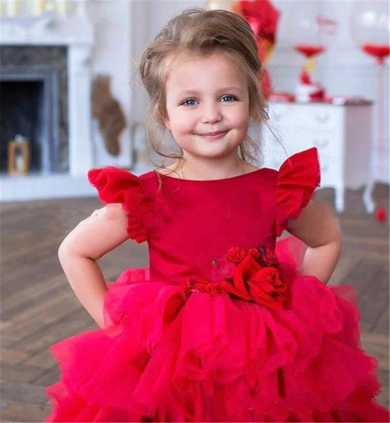 Red Gauze Ball Gown Dress for Girls Princess Style Floral GlowCart