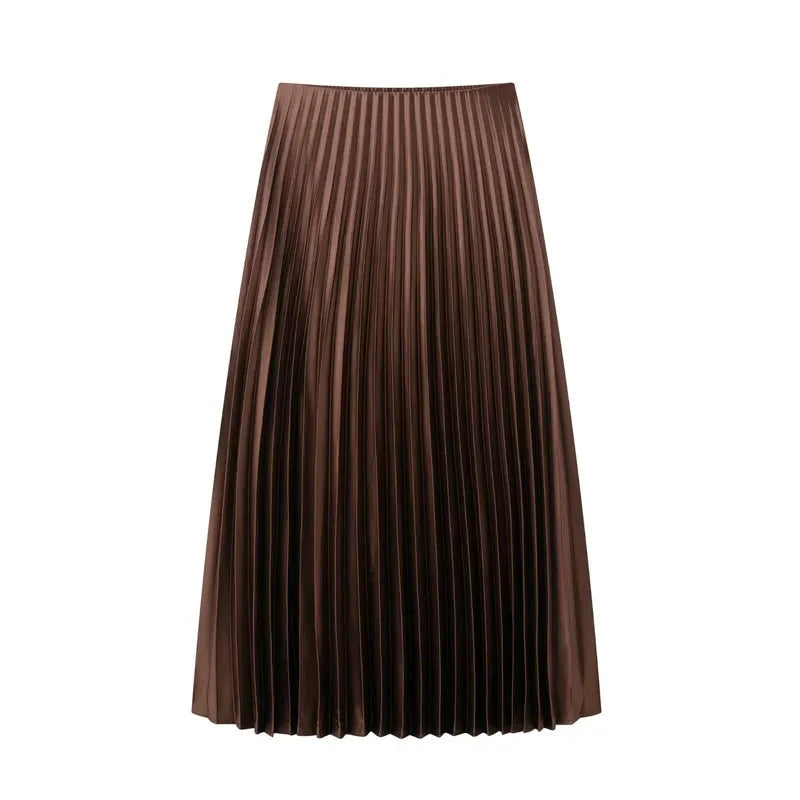 HXAO Women's Pleated Skirt Summer Brown Ruffle Skirt Cylinder Pleats Mid Waist Midi Skirt Fashion Elegant Women Long Skirt 2025 GlowCart