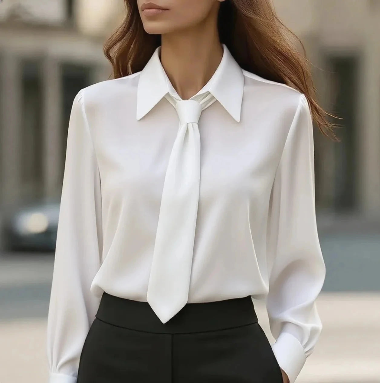 Women's Solid Color Satin Tie Long Sleeve Casual Shirt Work GlowCart