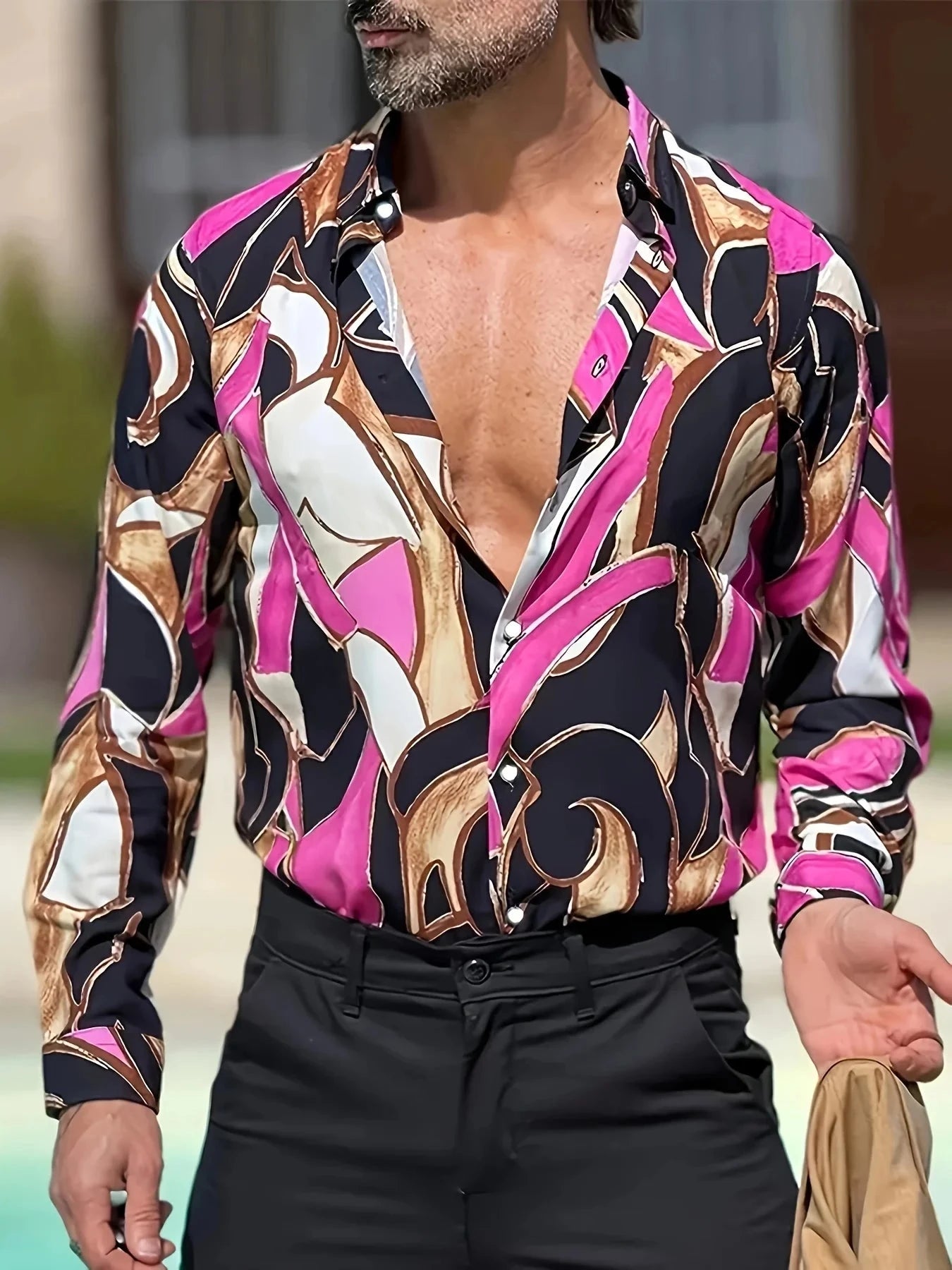 Men's long-sleeved shirts, bold abstract prints - bright GlowCart