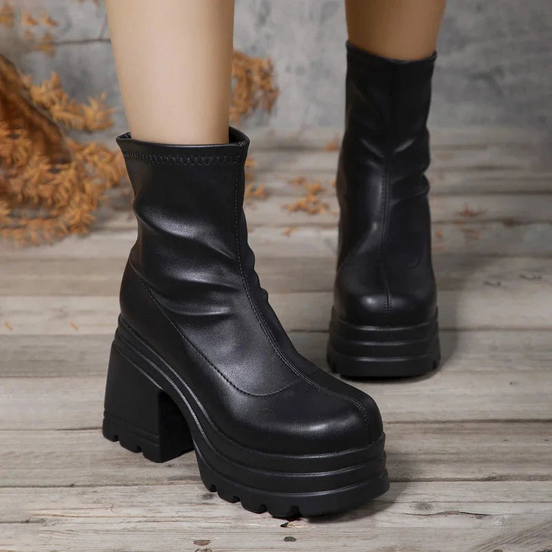 Women New Fashion Short Boots Women Sexy Leather Boot Square GlowCart