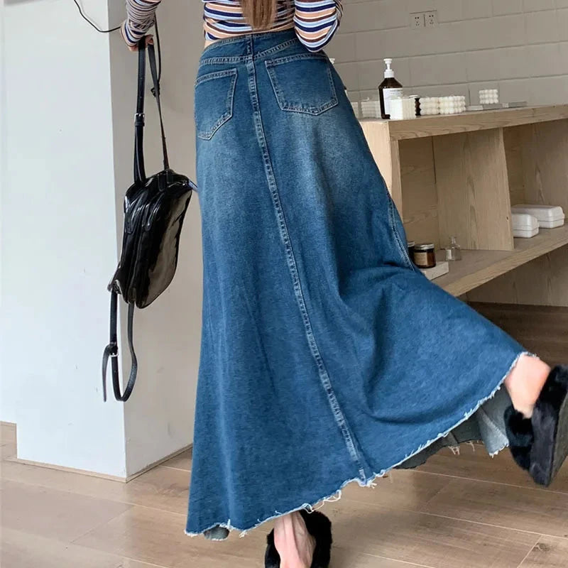 2025 Autumn Women's Y2K Jeans American Retro High Waist Denim Skirt Raw Hem Mermaid Maxi Length Flared Style 2750 GlowCart