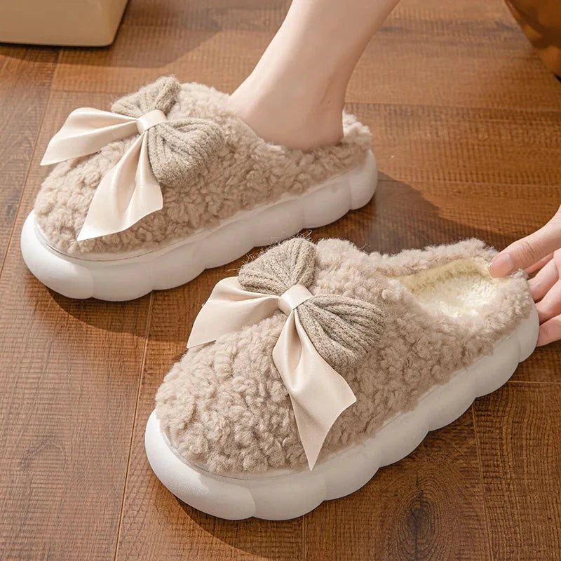 Winter Warm Fur Slippers for Women Cute bow House Non Slip GlowCart