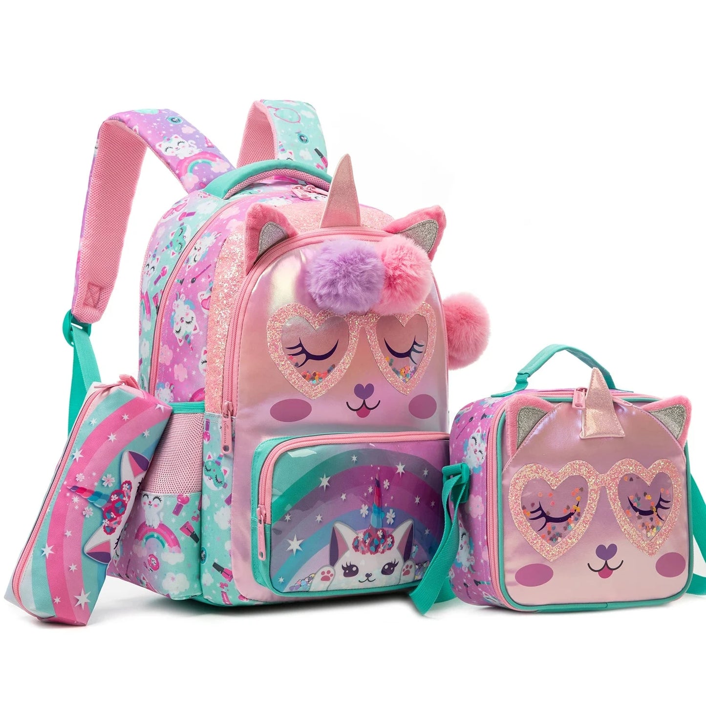 kids backpacks with Lunch Bag for girls 3pcs girls bookbag and Lunch Box Set for Elementary Middle School GlowCart
