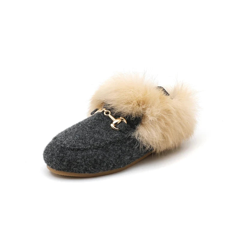 AS New Kids Fur Shoes Children Slides Baby Girls Slip On Outdoor Slippers Toddler Boys Gray Brand Flats Soft Princess Slides GlowCart