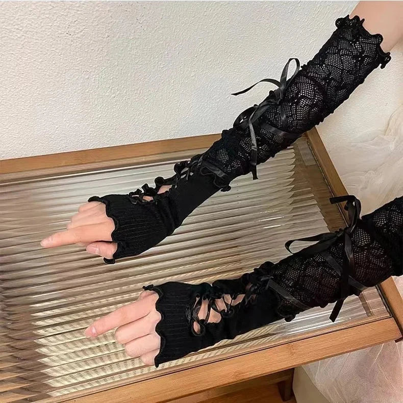Women Lolita Jk Lace Fingerless Gloves Black Gothic DIY GlowCart