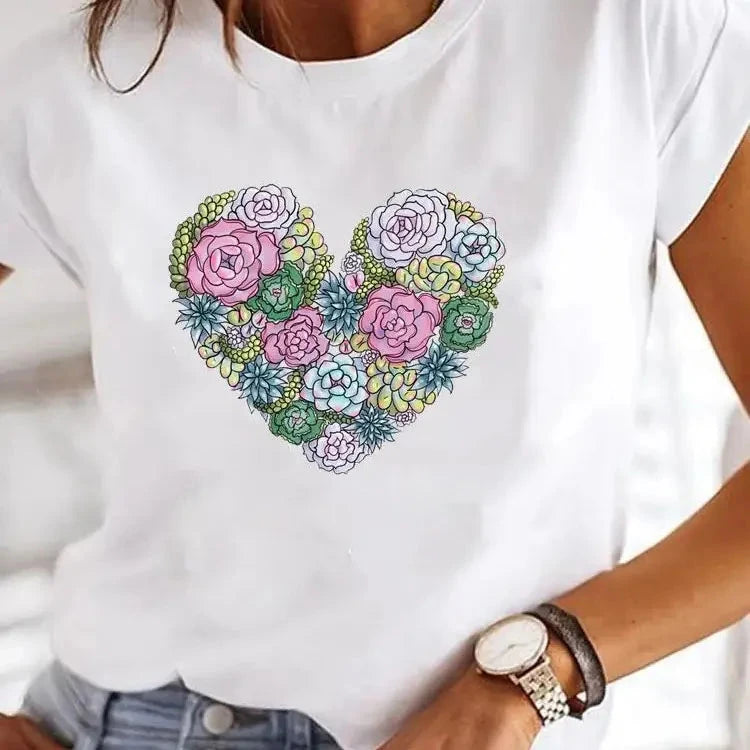 Love Heart Print Women Summer T Shirt Girl O Neck Funny Y2K GlowCart