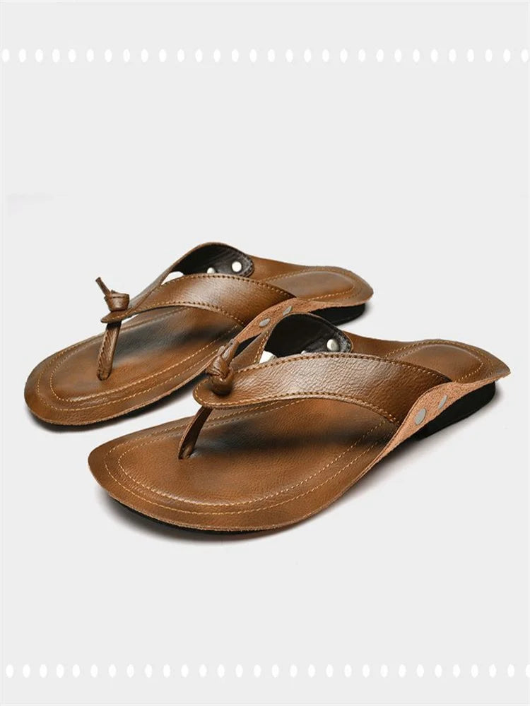 2025 new high-end leather flip-flops for men, ultra-soft genuine cowhide sandals for outdoor wear slippers . GlowCart
