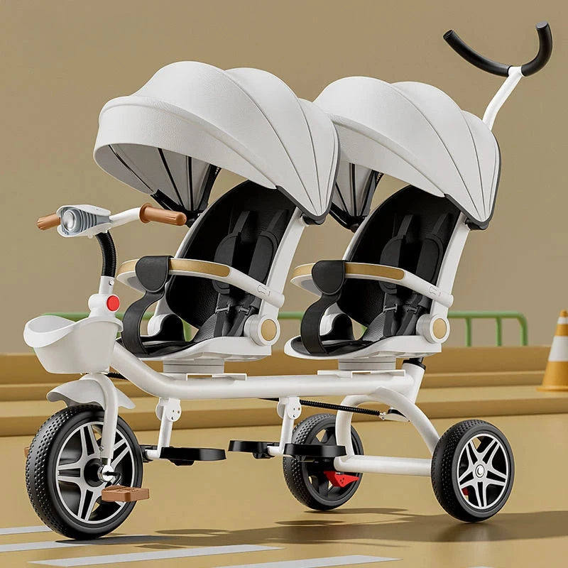 Multifunctional Twin Children's Tricycle Foldable Baby Bicycle Two-way Twin Baby Stroller Swivel Seat Double Stroller GlowCart