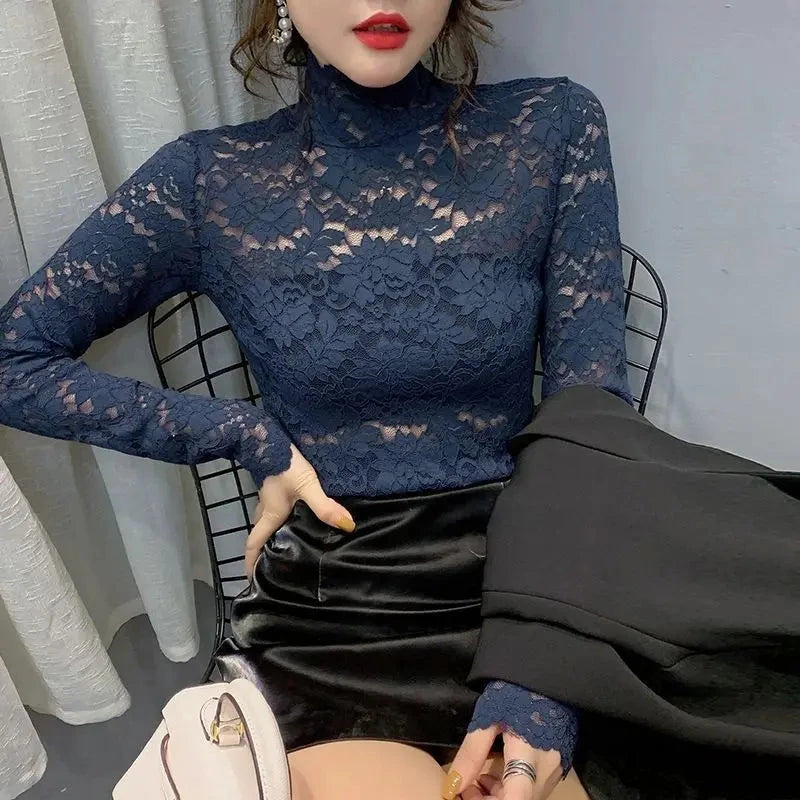 Autumn Fashion Slim Lace Hollow Out Net Yarn Solid Color GlowCart