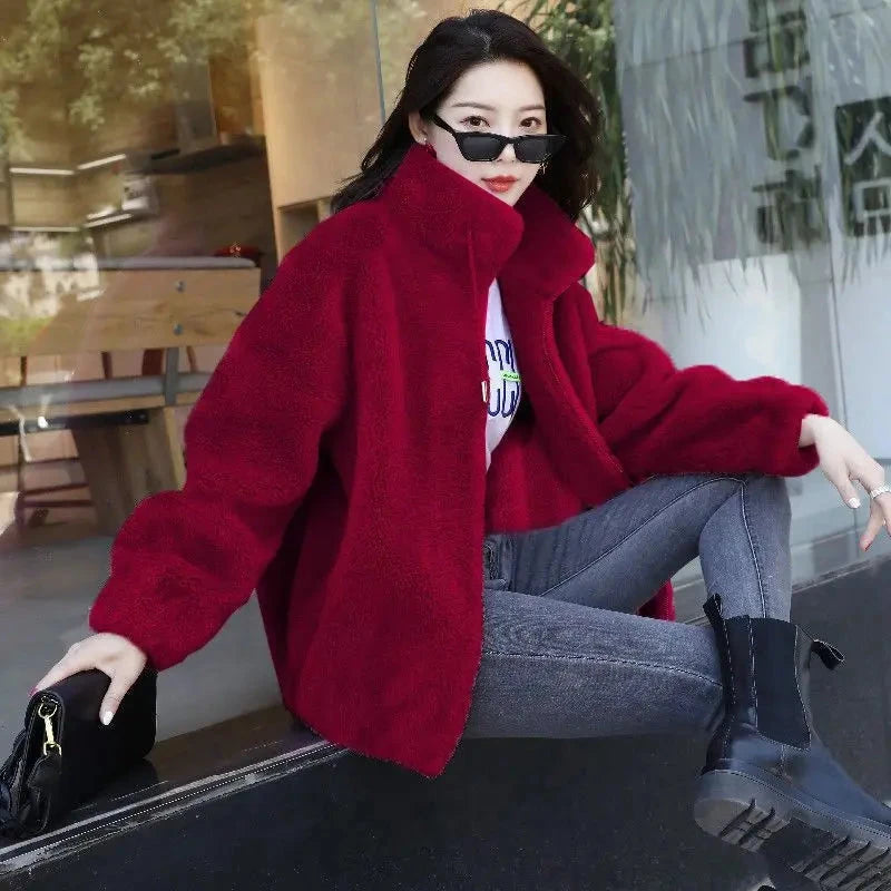 Women Winter Double Coral Fleece Warm Coat Stand Collar GlowCart