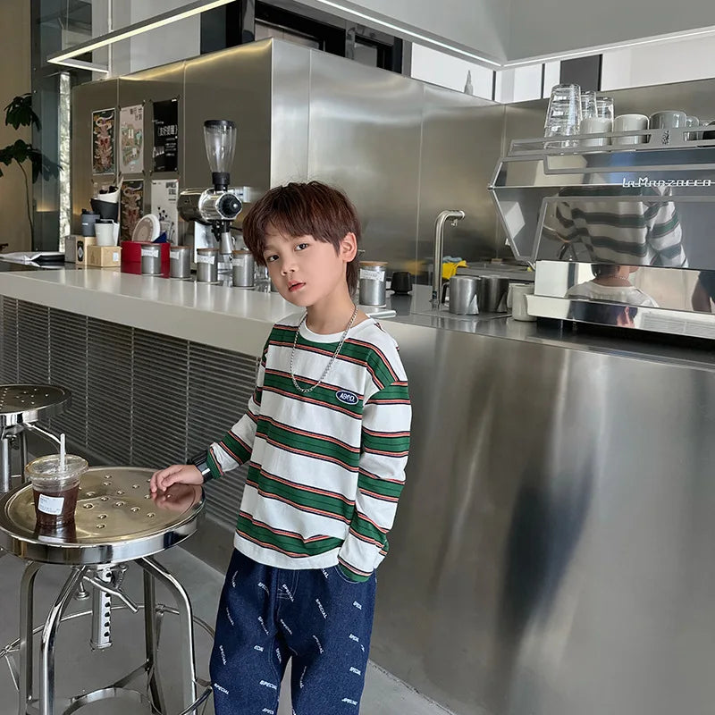 2025 autumn Children Clothes Girls Long Sleeves Bottoming Shirts Cool Boys Stripe Cotton T-shirt Teen Loose Casual 2-7y Kids Top GlowCart