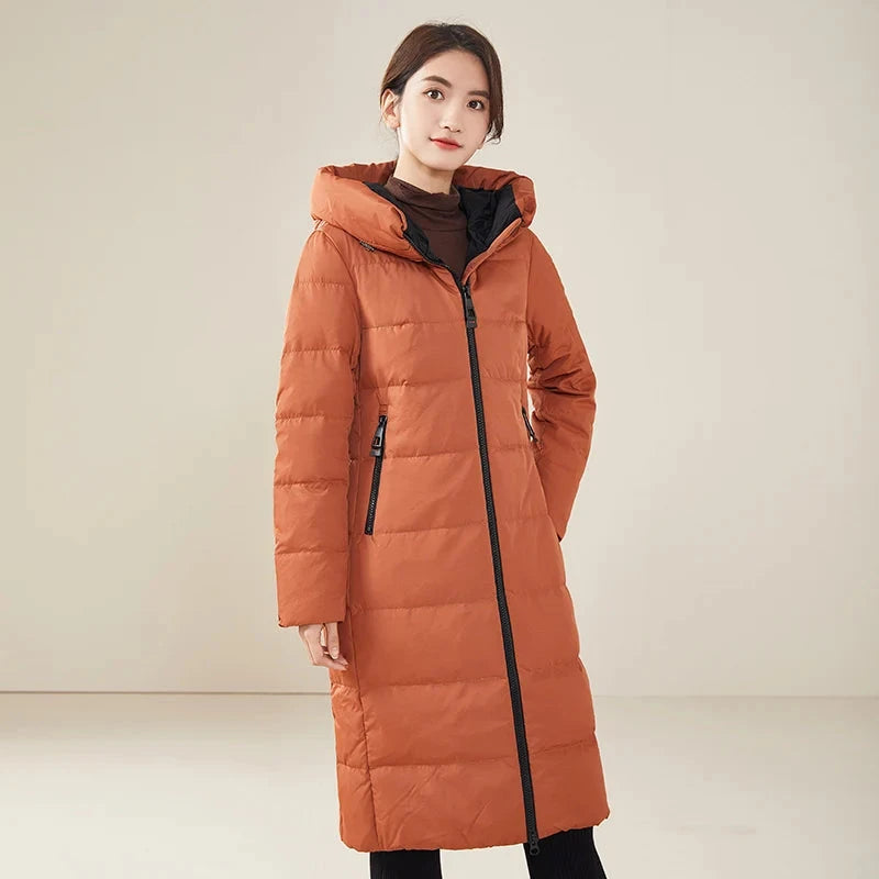 Chericom Women's Red Long Hooded Down Jacket Winter Hooded GlowCart