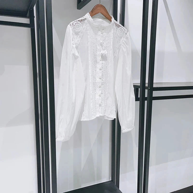 pink Women Hollow Out Lace Long Sleeve shirt 100% cotton GlowCart