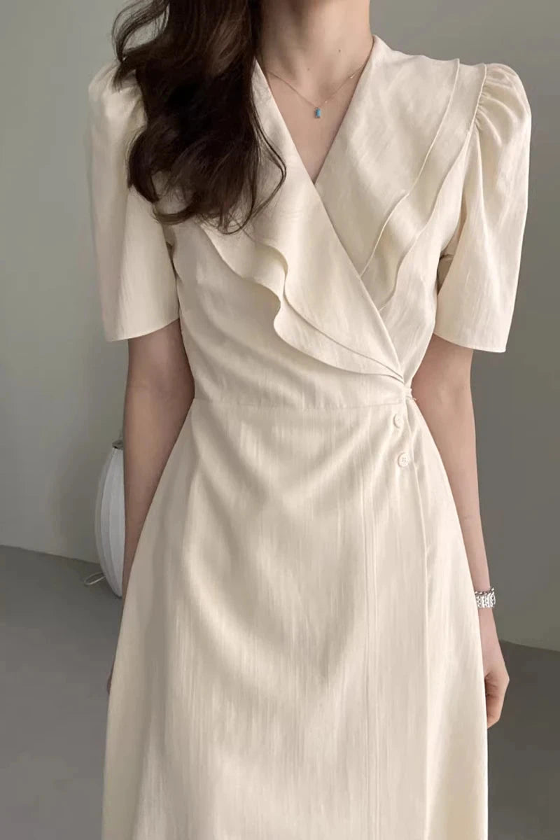 Summer New Chic V-ne Turn-down Collar Slimming Waist Midi Dr GlowCart