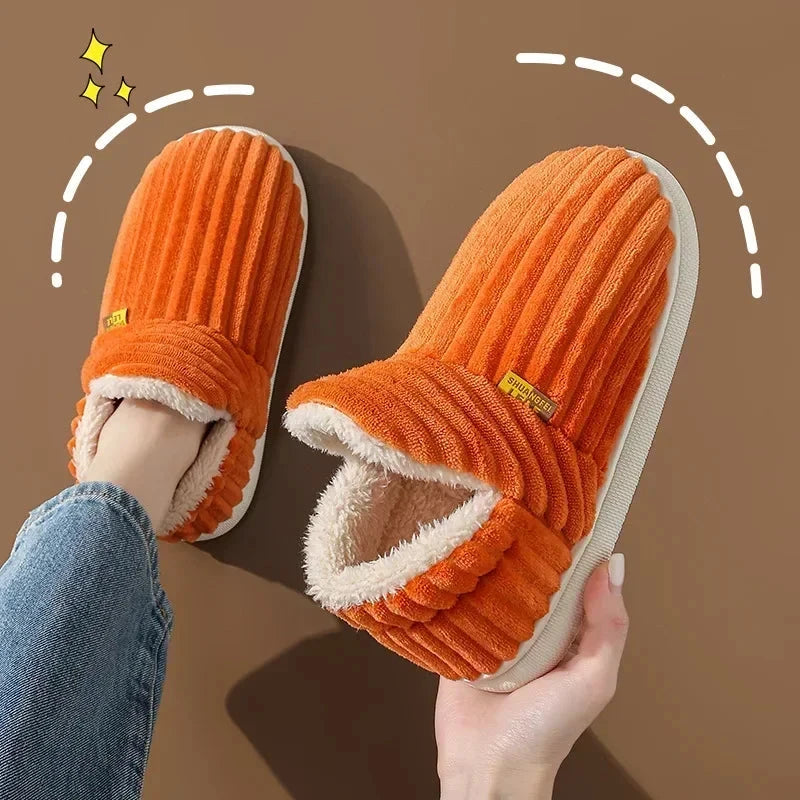 Winter Couple Style Concise Solid Color Wrap Heels Plush Slippers Non-slip Warm Flip Flops Women Men Home Casual Cotton Shoes GlowCart