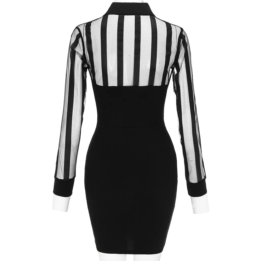 Women's Dresses Fashion Women Long Sleeve Sheer Striped Mesh Patchwork Bodycon Casual Work Dress GlowCart