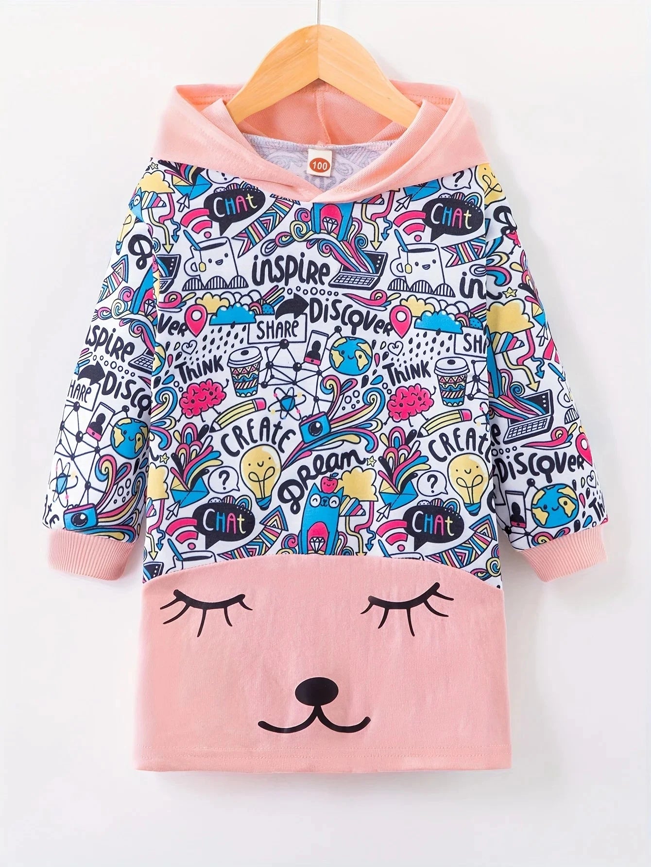 Cute Pink Kitty Graphic Girls' Long Sleeve Cartoon Hoodie Dress, Casual Lightweight Comfy Fit Kids Tops GlowCart