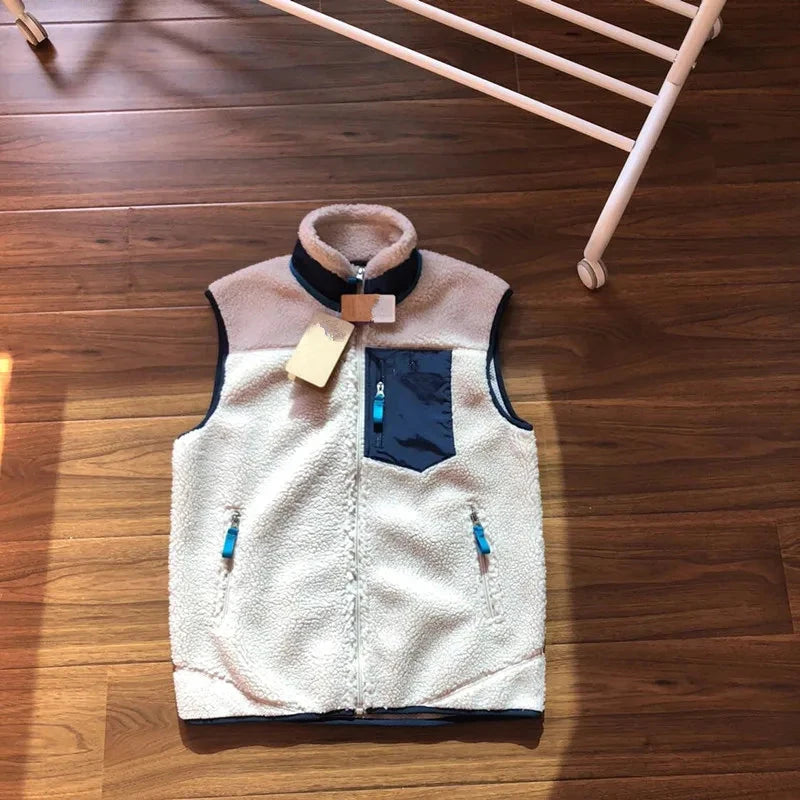 Retro Fleece Jacket Stand Up Warm Lambskin Vest Sleeveless GlowCart