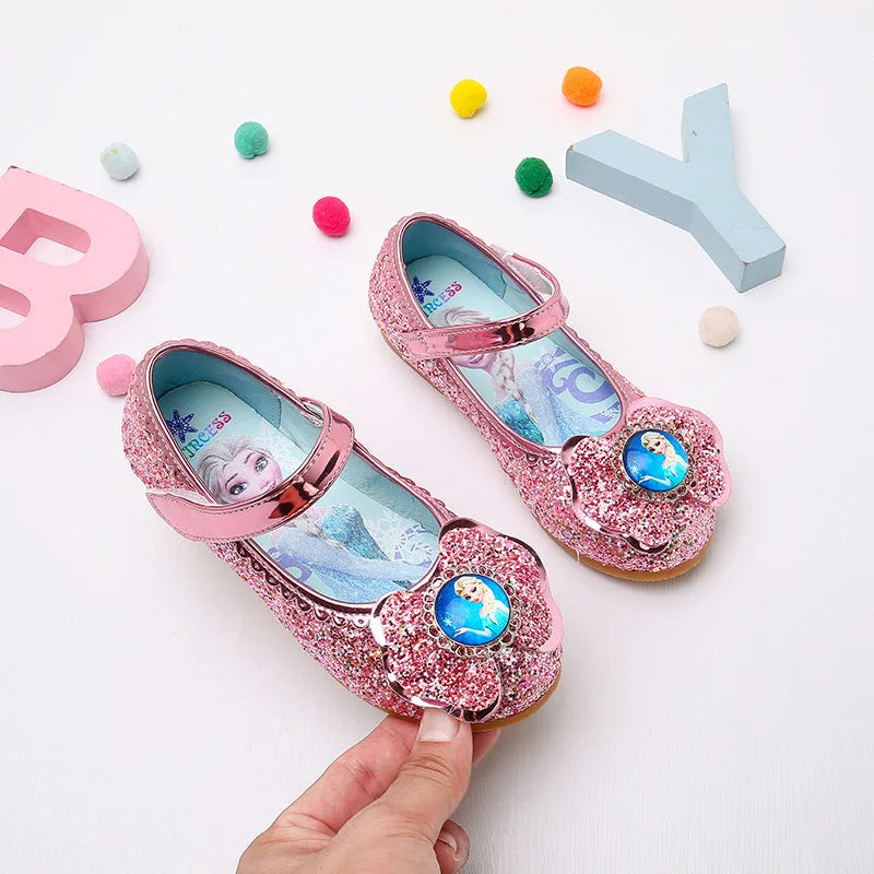 Disney Frozen Princess Elsa Cartoon Soft Sole Sandals Baby Girl Princess Shoes Crystal Shoes Children Flat Girl Leather Shoes GlowCart