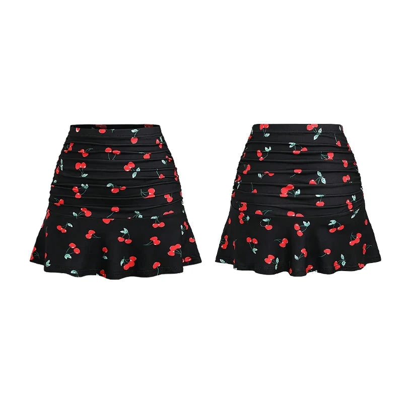 Summer Women's Swimsuit Cherry Print Ruffled Skirt Tight GlowCart