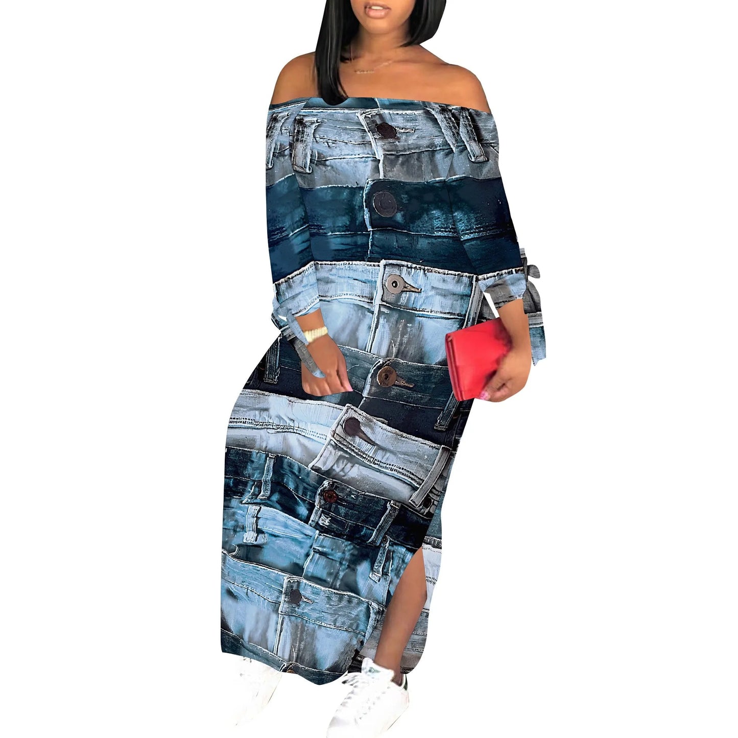Denim Retro Print Long Sleeve Slim Fit Elegant Casual Slit One-Shoulder Neck Dress GlowCart