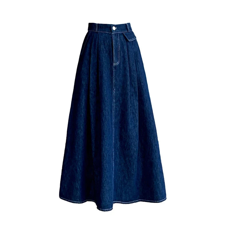 Seoulish High Waist Vintage Denim Women's Umbrella Skirts Pockets Single Button Casual Loose A-line Long Skirts Female 2025 New GlowCart