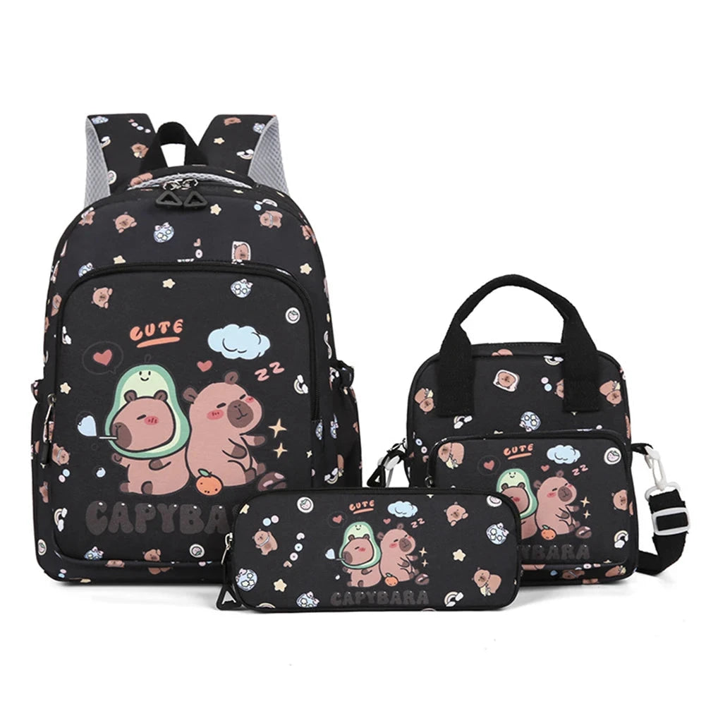 3in1 School Backpack Set Nylon Cute Bookbag Going Out Cartoon Laptop Travel Bag Breathable Back Large Capacity Cute Capybara Bag GlowCart