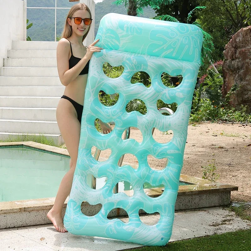 Summer Inflatable Float Lounger Water Toys with Headrest Printed Leaf Pattern Outdoor Pool Inflatable Float Bed for Kids Adults GlowCart