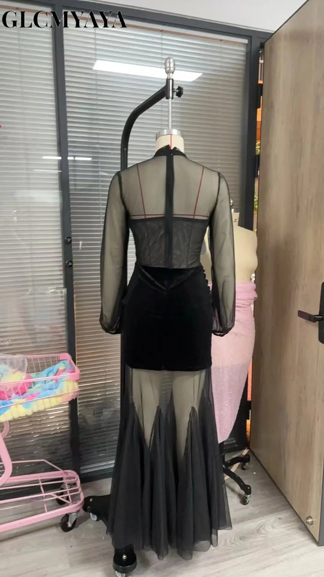 GLCMYAYA Mesh See Through Women Full Sleeve Velvet Bodycon GlowCart