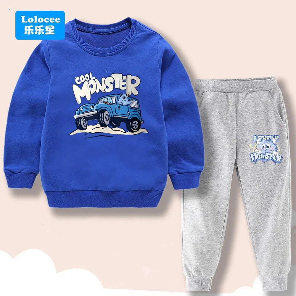 Spring/Autumn Children's Clothing Sets Cartoon Monster Print Boys' O Neck Sweatshirt Pants Two Piece Pullover Set for Kids GSJX1 GlowCart