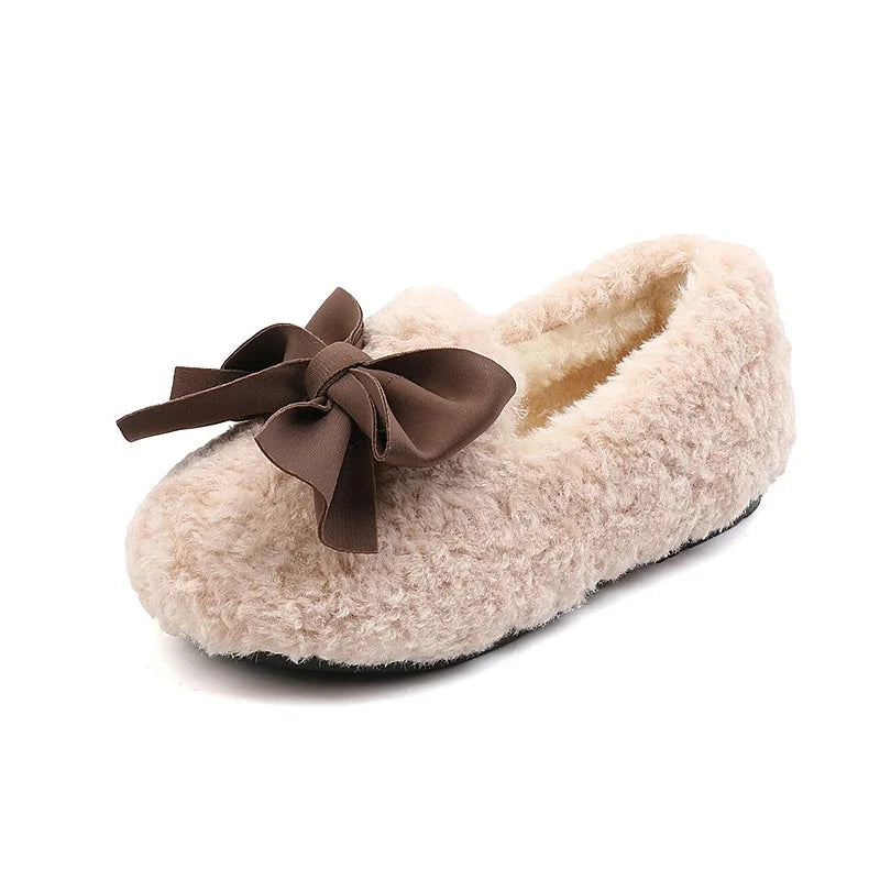Girls Winter Shoes Cotton-padded Warm Cotton Fur Fluffy Children Flats Kids Loafers Slip-on Princess Sweet Anti-slippery Bowtie GlowCart