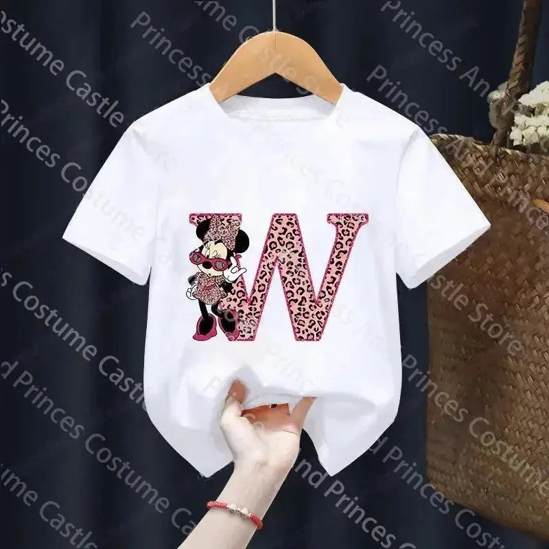 Letter A-Z Minnie Children T-Shirts Name Combination Disney Kawaii Cartoons Clothes Kids Little Boy Girl Tee Shirts Casua GlowCart