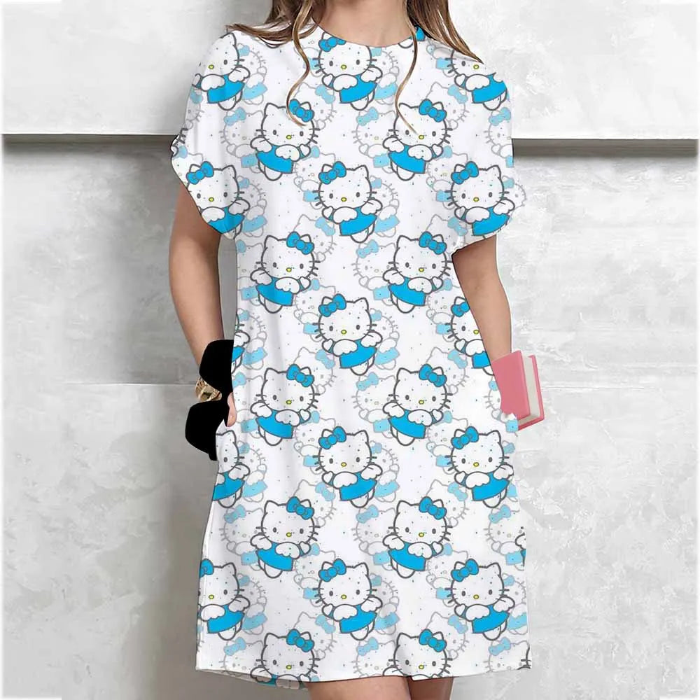 Women's long tshirt dress summer fashion girl Hello Kitty print oversized casual round neck short sleeved mini T-shirt dress GlowCart