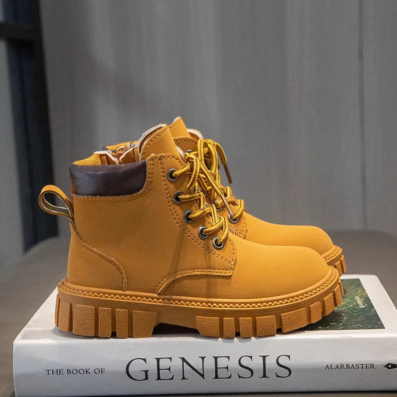 Fashion Boy Girl Short Boots Non-Slip British Style Boots Children's Side Zipper Design Single Boots Leather Boots Anti-skid GlowCart