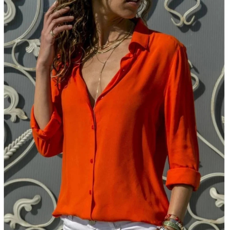 Women Elegant Solid Chiffon Blouse Spring Summer Casual Long GlowCart