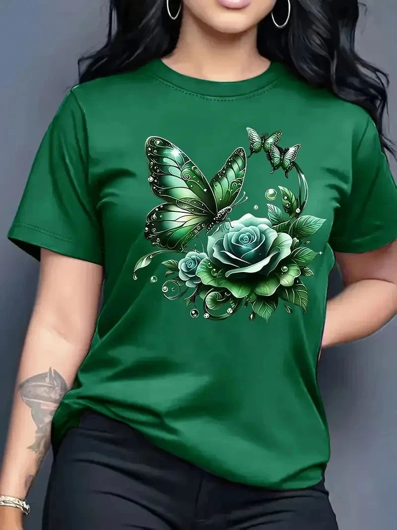 Women's Rose Butterfly Print Fashion Casual T-Shirt Short GlowCart