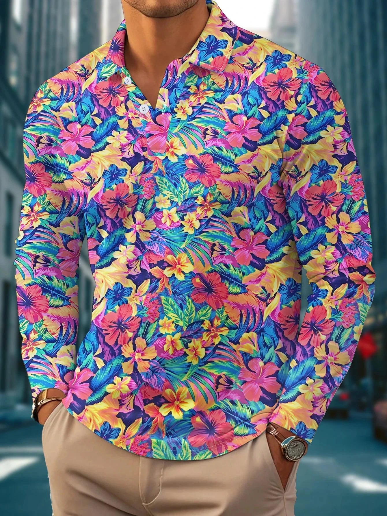 Men's long-sleeved shirts with bold abstract prints - bright GlowCart