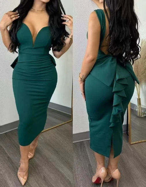 Dress for Women Streetwear Elegant Solid Color Hip Wrap Open Back Deep V High Waist Split Bodycon Dresses 2024 Spring and Summer GlowCart