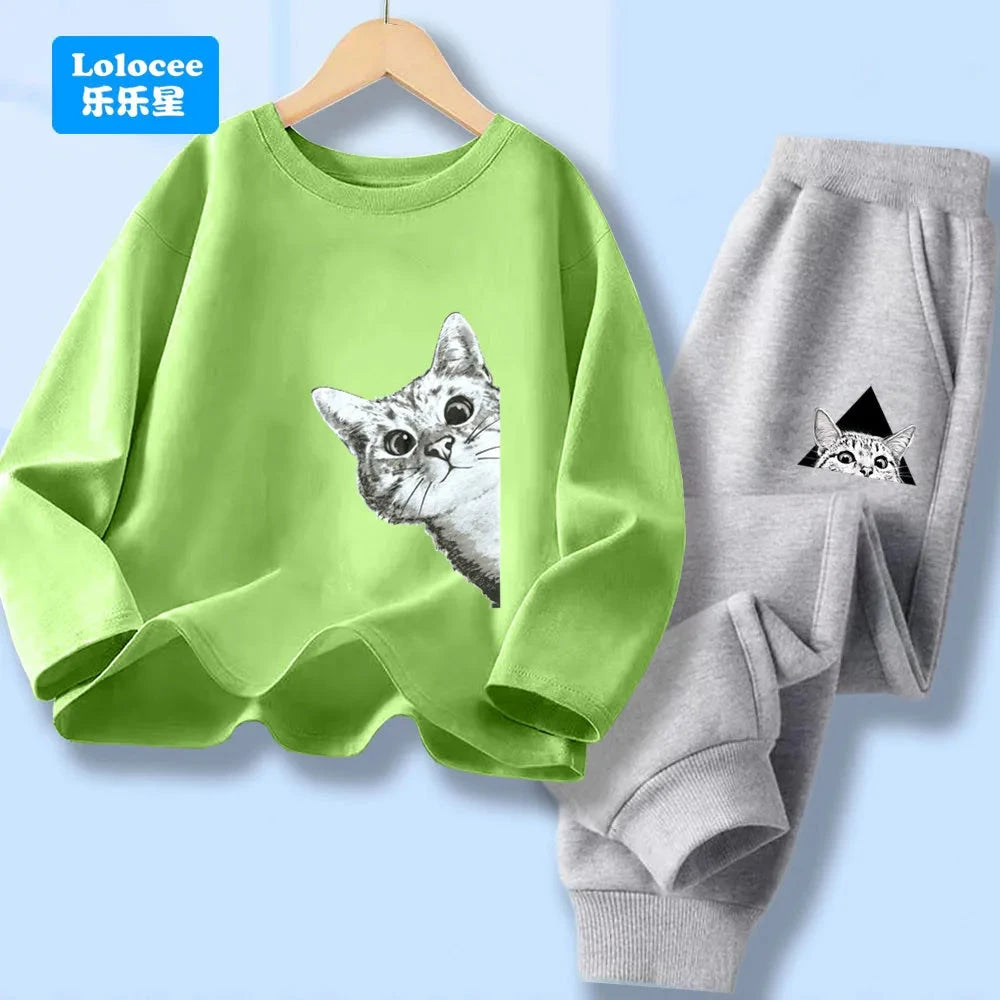 Spring Autumn Baby Boys Clothes Sets Kids Funny Cat Print Long Sleeve T-shirt Tops+ Pants Suits Boys' Tracksuit CLM1 GlowCart