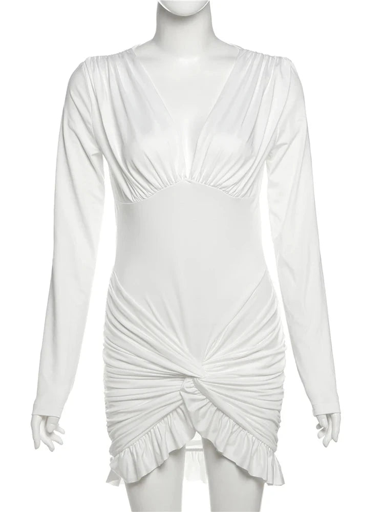 Weird Puss Chic Knot Dress Women V-Neck Long Sleeve Ruched GlowCart