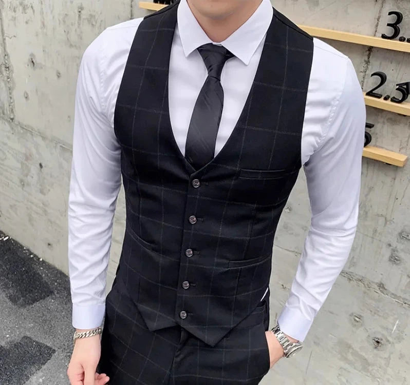 Fashion Men Business Checkered Striped Suit Vest Black / GlowCart
