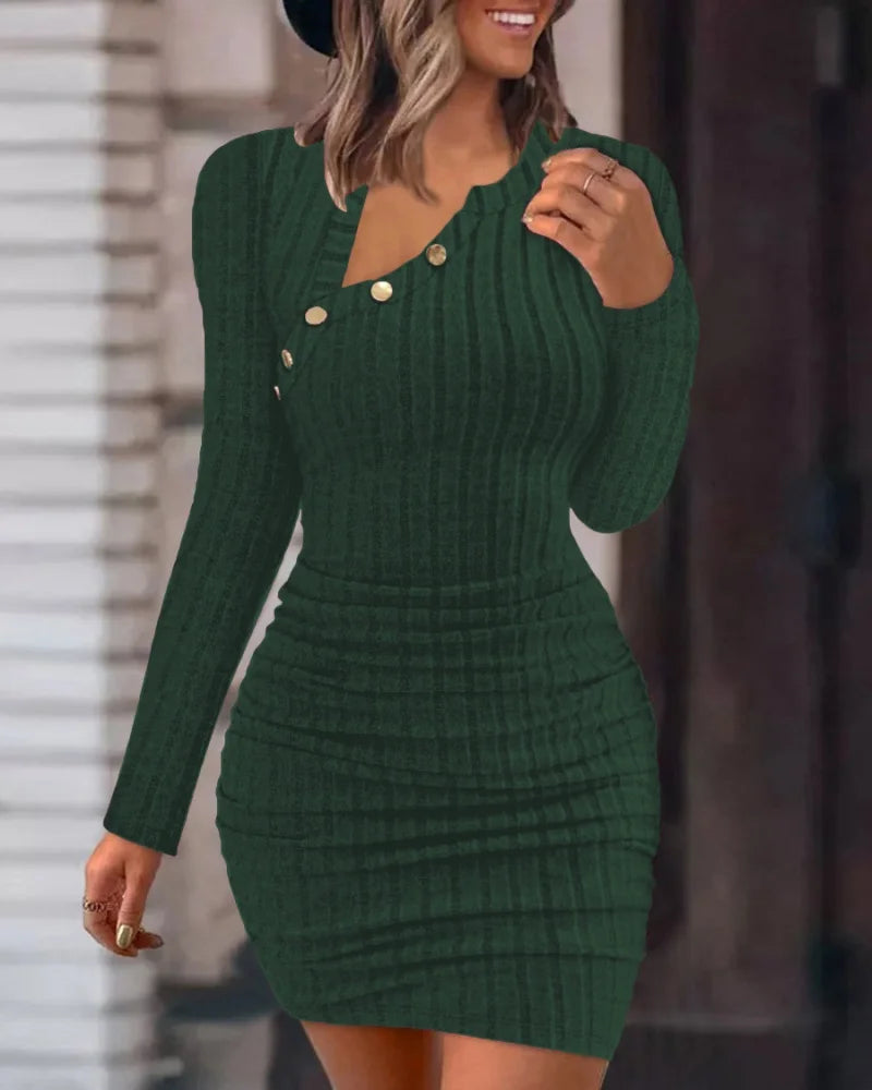 Button Crewneck Bodycon Dresses for Women Solid Color Ribbed Mini Wrap Dress Slim Fit Ruched Knitted Sweaters Dress GlowCart