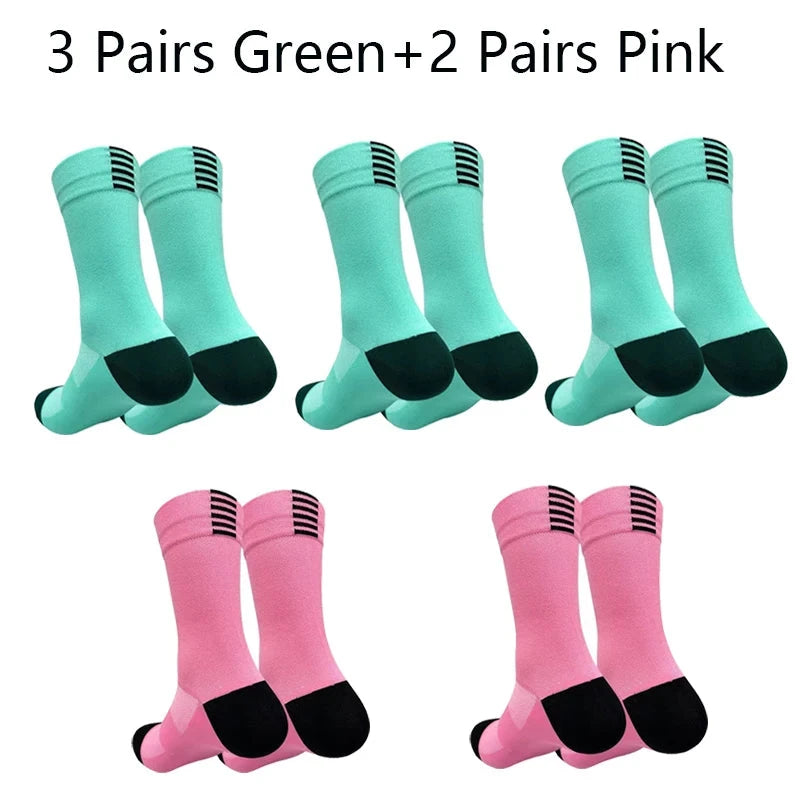 5 Pairs Cycling Sock Men Compression Sports Sock Outdoor MTB Road Bike Socks Running Hiking Breathable Mesh Mid Tube Mountain GlowCart