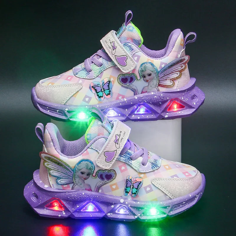 Disney Children's Sports Shoes Led Lights Sneaker Cartoon Frozen Princess Elsa PU Leather Girls' Pink Children's Running Shoes GlowCart