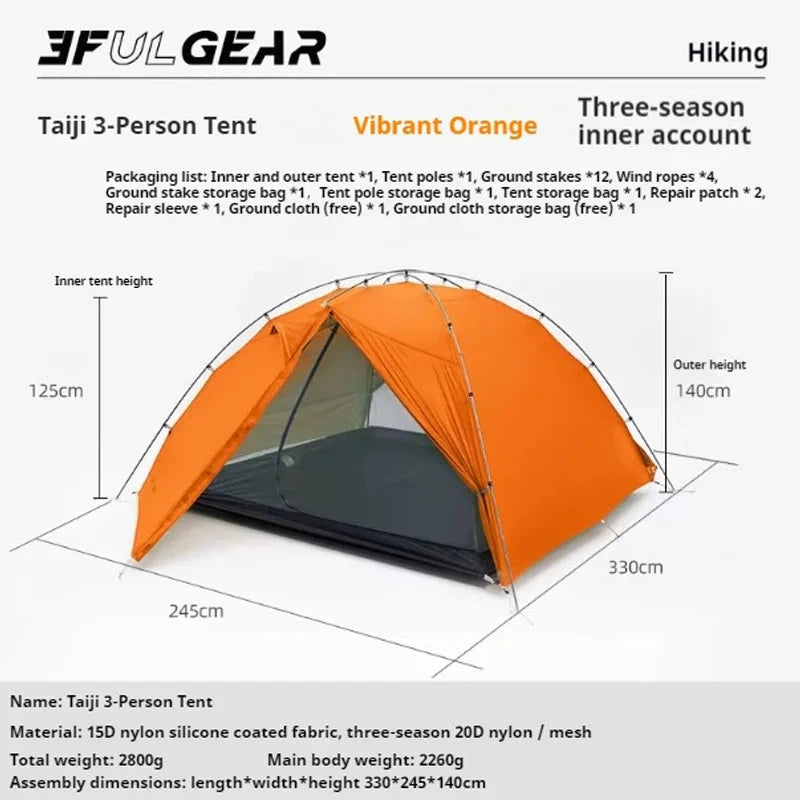 3F UL GEAR Taiji3 Camping Tent Nylon 3 Multi-Person Portable GlowCart