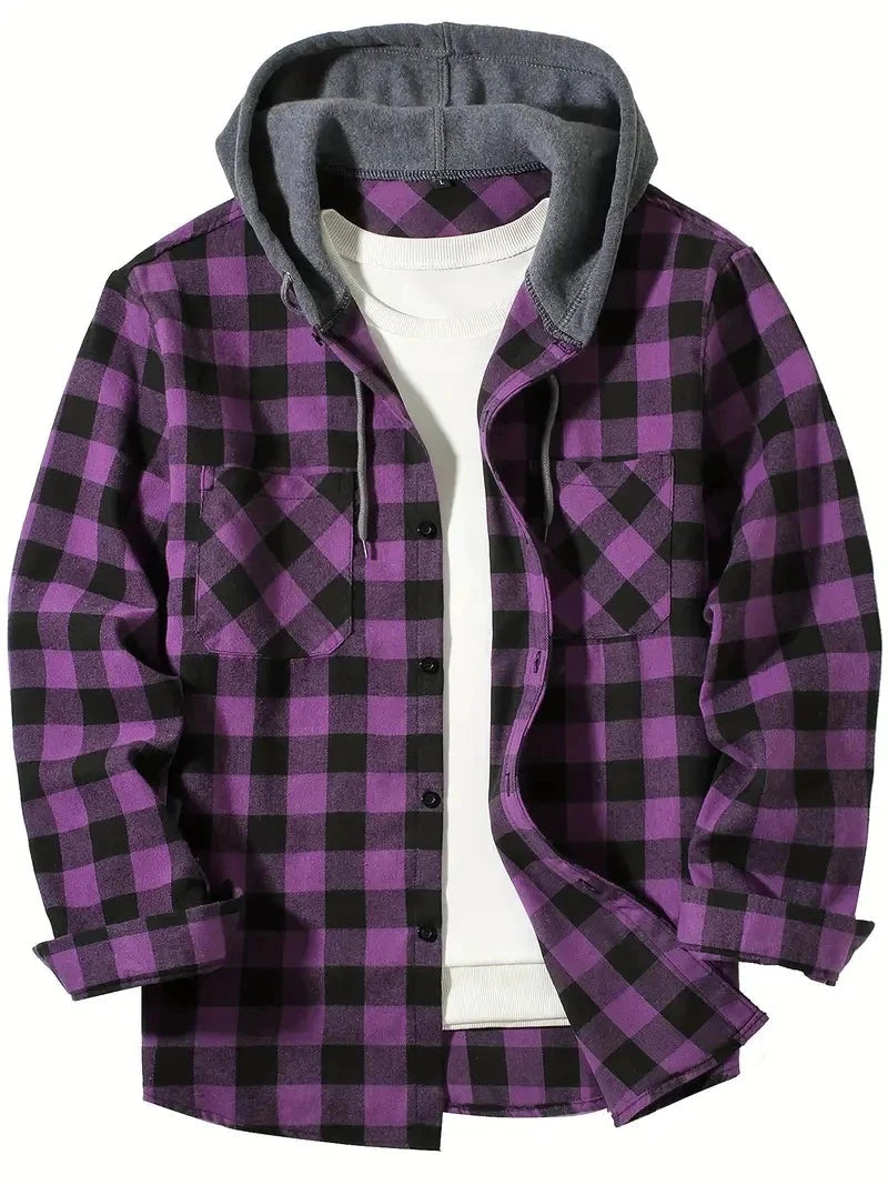 Youth Fashion Street Hooded Plaid Shirt Men's Slim Fit Long GlowCart