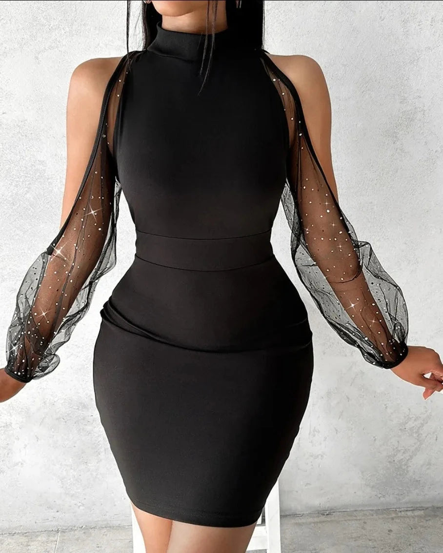 Contrast Mesh Lantern Sleeve Dress, Elegant Plunging Neck GlowCart