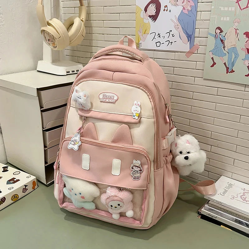 Cute Backpack School Bag Transparent Window Plush Puppy Cartoon Decor Large Capacity Nylon Zipper Adjustable Straps for Travel GlowCart